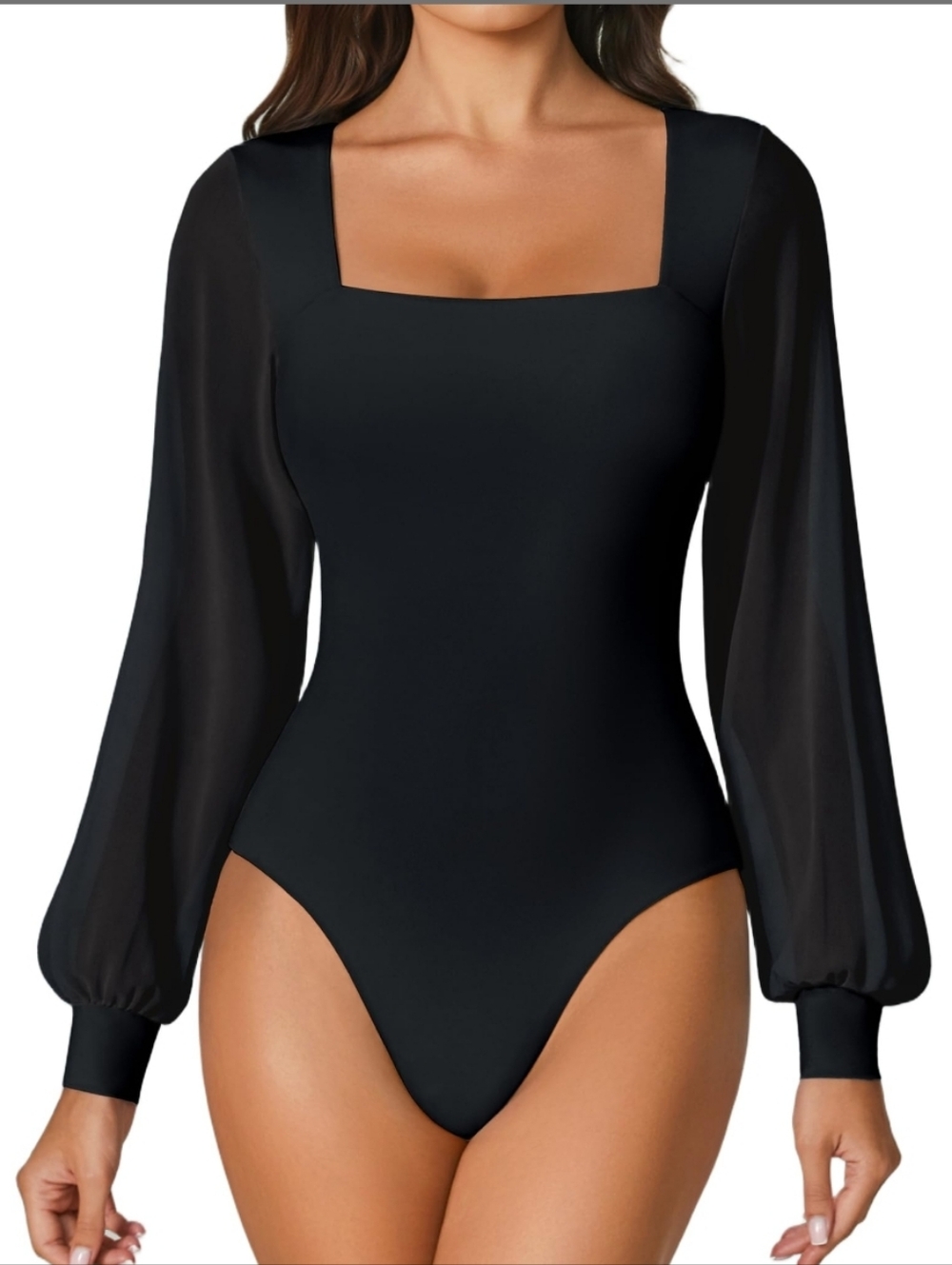 AvidLove Black Square Neck Sheer Sleeve Bodysuit - Womens Top